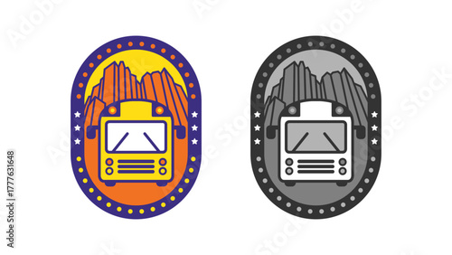 School bus with rocky hill background logo 