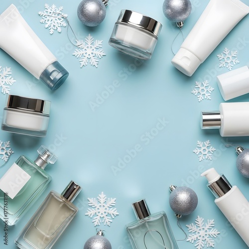 christmas background with cosmetics shampoo lotion cream beauty gifts and balls