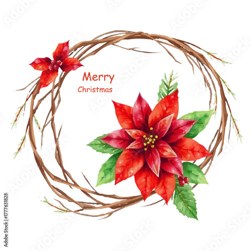 Watercolor Christmas wreath with fir branches, red poinsettia flower with holly leaves and ribbon. Stylish handmade design for holiday cards, invitations, seasonal designs and branding. Festive frame.
