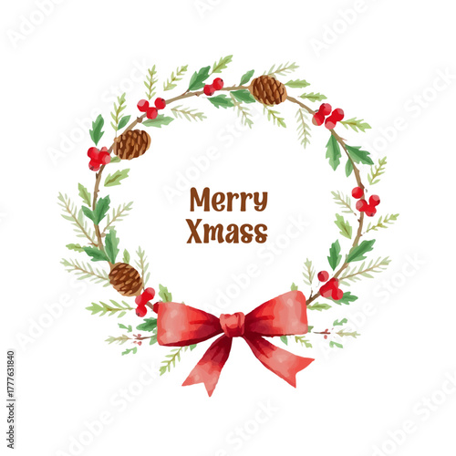 Watercolor Christmas wreath with fir branches, pine cones, red berries and a red bow. Stylish handmade design for holiday cards, invitations and seasonal designs and branding. Festive frame.