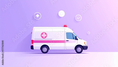 Stylized ambulance illustration with medical icons and purple background for editorial emergency healthcare photography approachable decor and poetic response-themed visuals