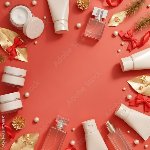 christmas background with cosmetics shampoo lotion cream beauty gifts and balls