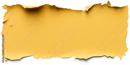 A torn, textured piece of yellow paper with ragged edges, showcasing a vibrant hue and an artistic feel.