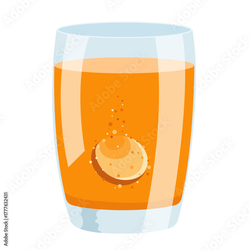 Effervescent Orange Tablet Dissolving in Glass Illustration Isolated on White Background
