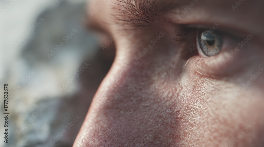 Fototapeta premium Close-up of a person's face, specifically their eye. the eye is the focal point of the image, with the iris and eyelashes clearly visible.