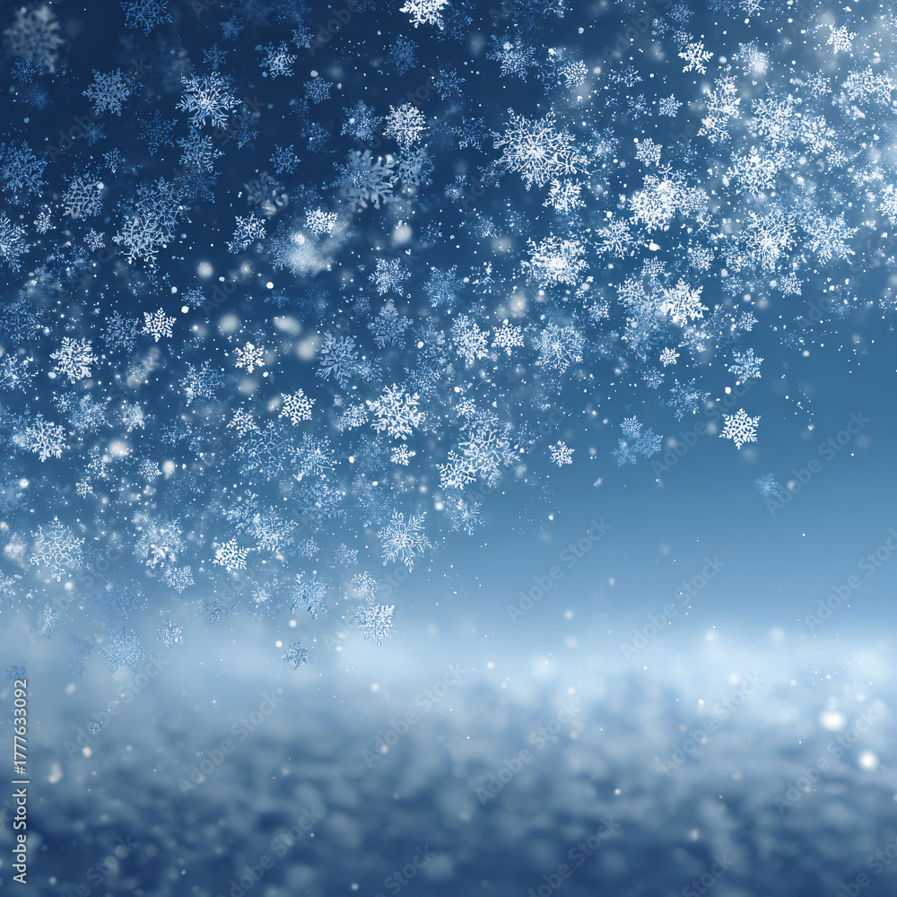 Fototapeta premium Gentle snowfall creates a serene winter landscape with a cool blue color palette and soft light.