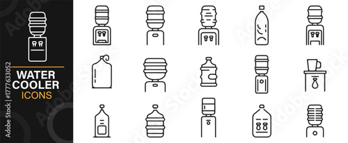 Collection of modern outline icons showing water bottles and coolers