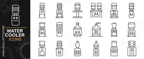 Water dispenser and cooler line icon set for workplace and hydration themes