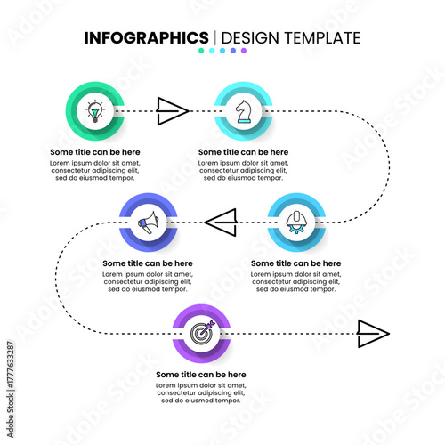 Infographic template. Paper plane with line and 5 steps