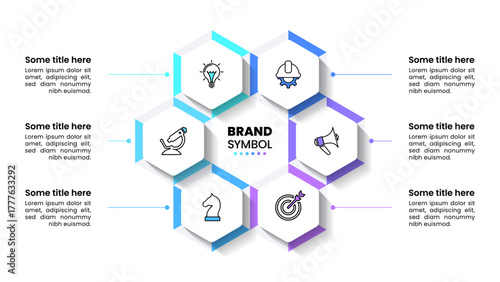 Infographic template. 6 hexagons with icons and title in the middle