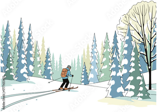 A skier glides down a snowy slope, surrounded by snow-covered evergreen trees and a bright sky.