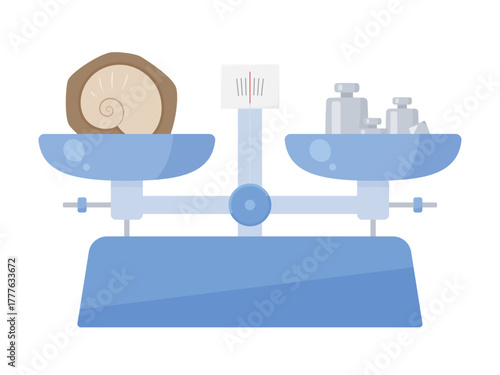 化石と分銅の重さが釣り合っている上皿てんびんのイラスト