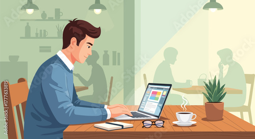 Man working on laptop at cafe with coffee, glasses, and plant on table in a bright and airy space