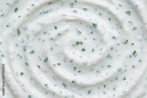 Close up of a swirl pattern of tzatziki sauce, a delicious greek condiment