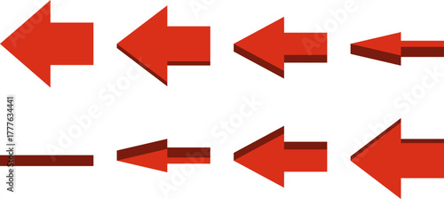 3D Style 8 Frame Sprite Sheet Set of Red Arrow Facing to the Left as Previous Step Previous Page Turn Back Button Sign Icon Symbol for 2D Game or App Animation. Vector Image.