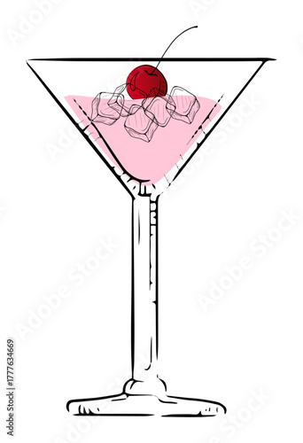 Stylish cocktail served in a martini glass, featuring a garnish of cherry and ice cubes for a refreshing touch.