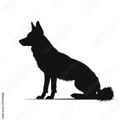 Silhouette of a German Shepherd dog sitting attentively profile view against a plain white background symbolizing loyalty and companionship