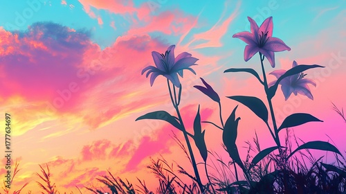 a glowing silhouette scene of tall stargazer lilies stretching up toward a sky filled with dreamy streaks of magenta