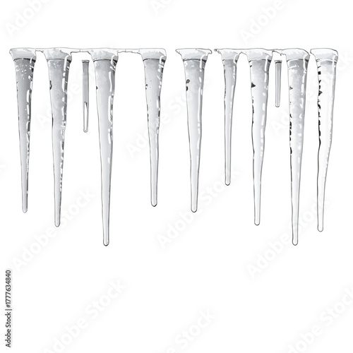Numerous long pointed icicles hanging from an invisible surface on a clear white background illuminated by bright daylight