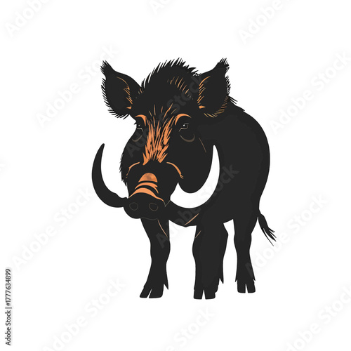 Stylized illustration of a wild boar with large tusks set against a white background
