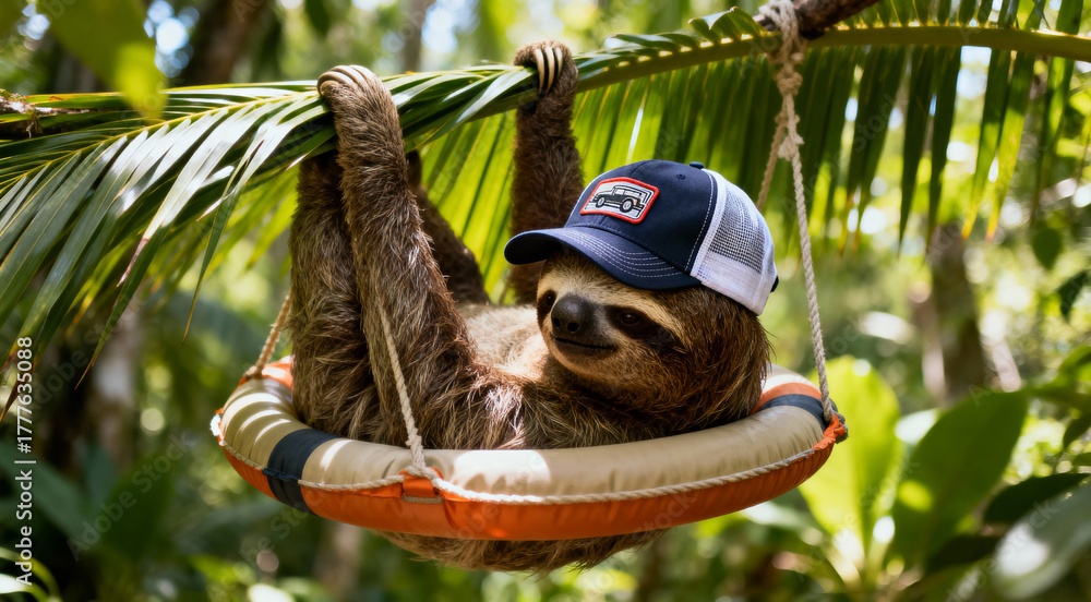 Obraz premium Funny Sloth in Sunglasses Relaxing in Hammock in Tropical Forest