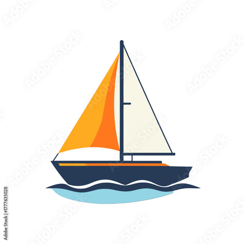 A Dark Blue Sailboat with Orange and White Sails Glides on Stylized Blue Water Under Clear Skies