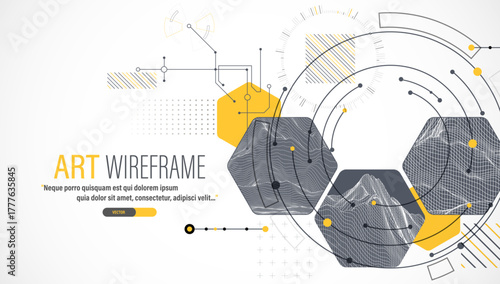 Minimal abstract composition with wireframe mountains, geometric hexagons, dots, and lines.