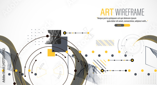 Minimal abstract composition with wireframe waves, geometric shapes, dots, and lines.