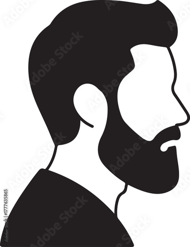 Minimalist vector profile illustration of a bearded man's head and neck, graphic design.