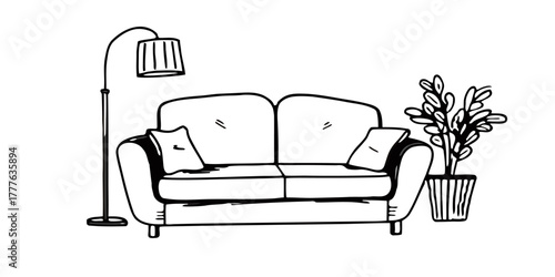 Minimal Home Interior — Cozy Sofa, Lamp & Plant — Scandinavian Living Room Style — Background Remove