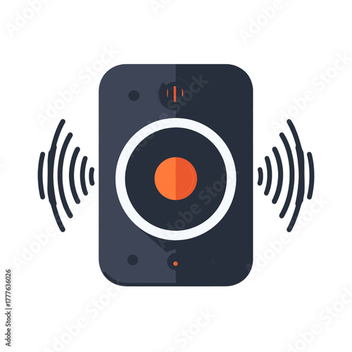 Modern Dark Grey Speaker with Orange Center Emitting Sound Waves on a White Background