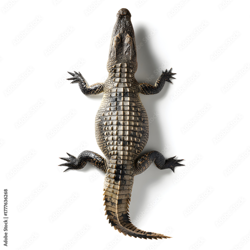 Naklejka premium Top view of a juvenile alligator with textured skin against a clean white background.