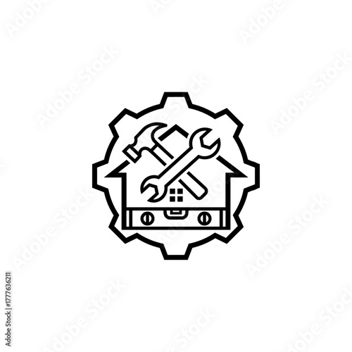 Home repair symbol with tools and gear design in minimal style  