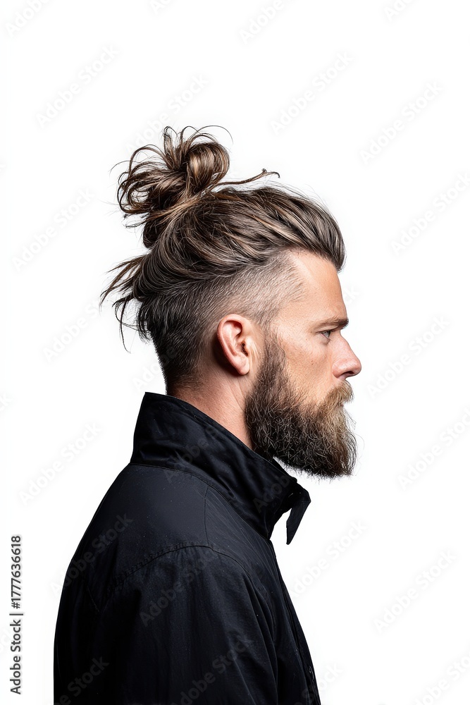 Fototapeta premium Stylish Side Profile of Man with Long Hair and Beard on White Background
