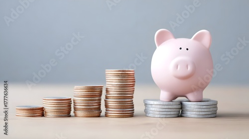 Conceptual image representing financial accumulation and investment strategy with a piggy bank positioned on ascending coin stacks signifying wealth building and future security