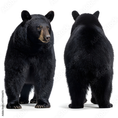 Majestic black bear shown from front and back, standing powerfully on a clean white background.