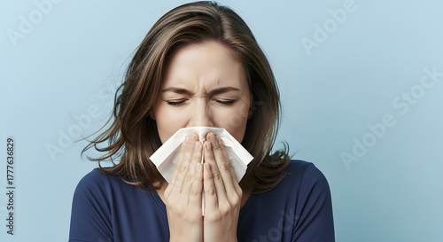 Young woman feeling unwell, sneezing and blowing her nose into a tissue due to a cold, flu, or seasonal allergies