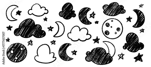 Hand drawn night sky icons with crayon texture - moon crescents and stars, clouds in chalk style. Childlike black doodle elements for kid friendly designs or nursery decoration projects.