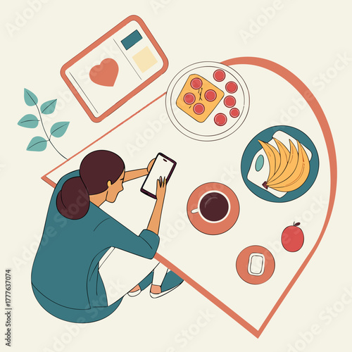 Young woman taking photo of breakfast with smartphone