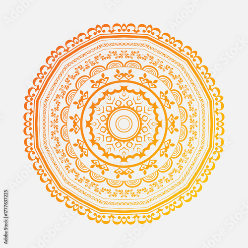 This mandala, with its beautiful orange and yellow gradient, evokes warmth and calm. The flowing, flower-inspired pattern radiates from the center, symbolizing the sun and growth.