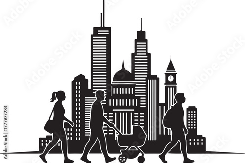 Urban life silhouettes: diverse people walking in front of a modern city skyline.