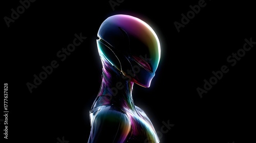 Abstract sci fi alien concept a sleek futuristic humanoid figure with a featureless helmet and fluid iridescent metallic skin reflecting a vibrant color spectrum