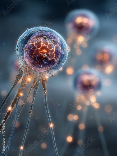 Intricate macro scientific illustration showcasing the beauty of endocrine cells