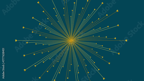 Radial golden starburst background with fine lines bursting outward on a deep teal backdrop.