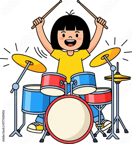 Happy child playing drums kid musician cartoon illustration