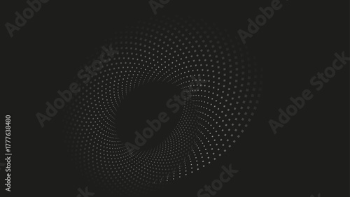 Dark gray abstract spiral of subtle, glowing dots. Monochromatic digital vortex background for technology themes.