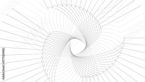 Abstract white background with a modern, delicate line art vortex. Minimalist black and white graphic featuring a geometric spiral pattern.