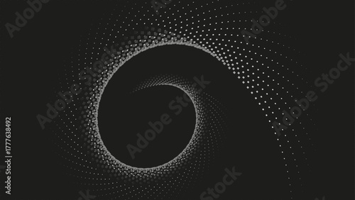 Dark, abstract technology background with a smooth, continuous spiral. Grayscale motion graphic showing a particle stream curving inward.