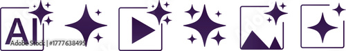 Modern sparkle-themed ai icon set with multimedia and interface symbols in purple. Ideal for UI design, branding, creative software graphics, or elegant digital aesthetics.
