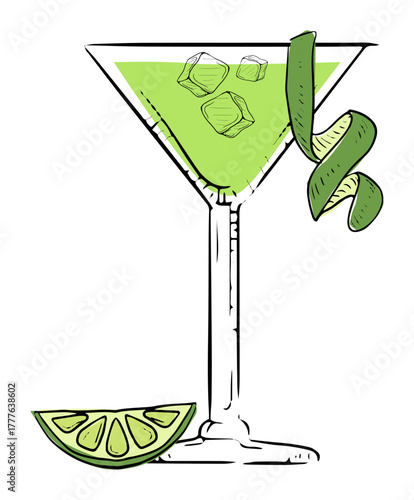 Vibrant green cocktail in a martini glass with lime slice and zest. perfect for summer refreshment.